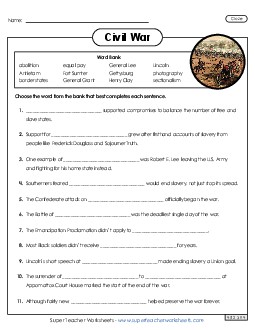 Cloze Activity: Civil War 4th Grade Social Studies Worksheet