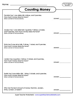 Counting Money Word Problems Worksheet