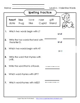 Spelling Practice (A-Valentine\'s Day) Spelling A Worksheet