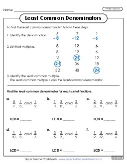 LCD Worksheet with Steps (3 Fractions) Worksheet