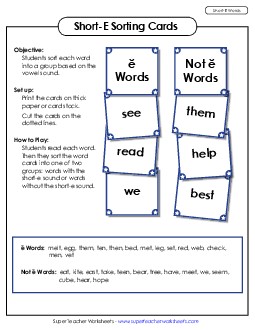 Word Sorting Cards (Short E Words) Phonics Long Short E Worksheet