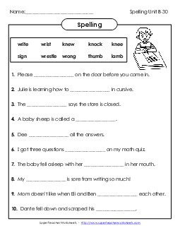 Sentence Completion (B-30) Spelling B Worksheet