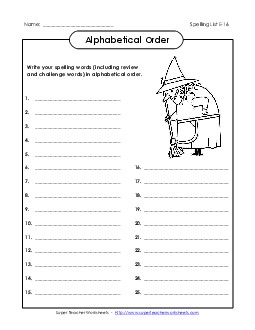 ABC Order: Write List (E-16) Spelling E Worksheet