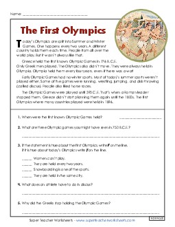 The First Olympics (Short, Nonfiction)  3rd Grade Reading Comprehension Reading Comp Short Worksheet