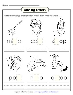 Missing Letters (-op) Word Families Worksheet