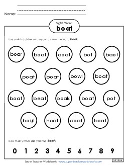 Dab or Color: Boat Sight Words Individual Worksheet