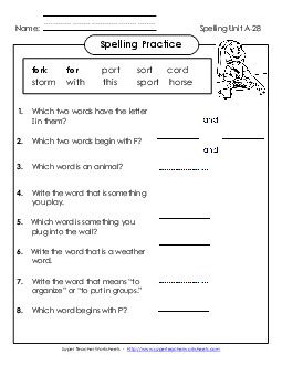 Spelling Practice (A-28) Spelling A Worksheet