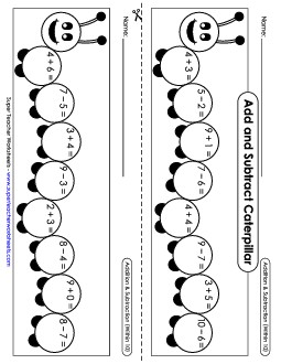 Caterpillar: Addition & Subtraction (Within 10) Mixed Addition Subtraction Worksheet