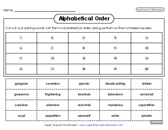 Alphabetical Order: Cut-Glue (Halloween) Spelling F Worksheet