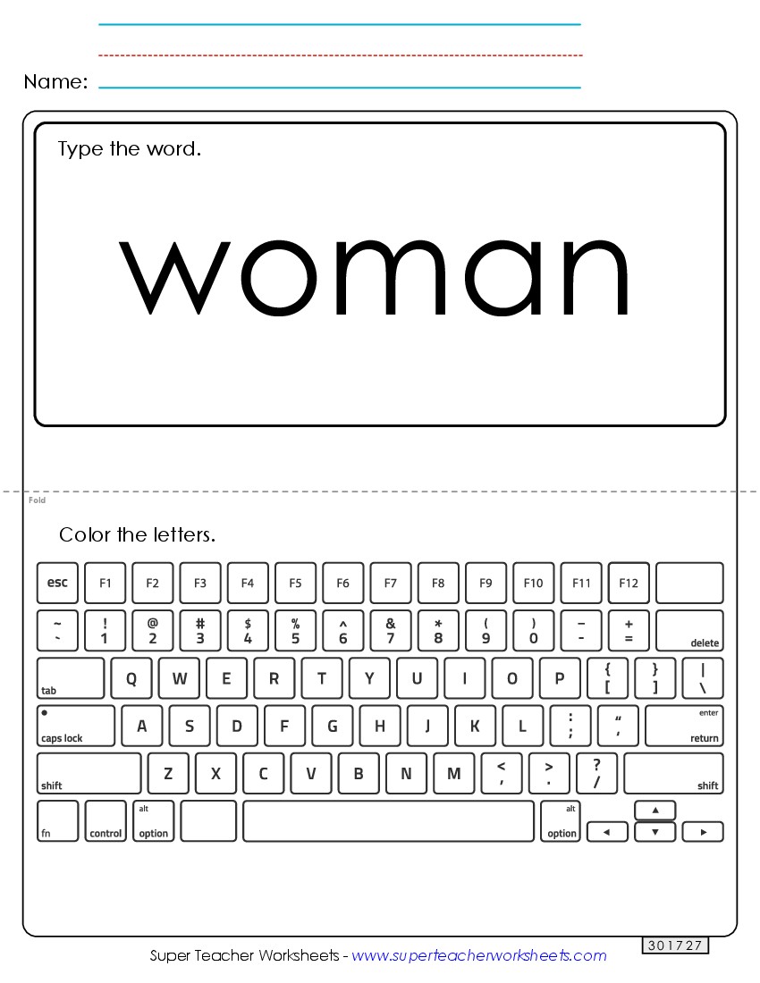 Type the Word: Woman Sight Words Individual Worksheet