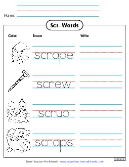 Trace and Write (Scr- Words) Phonics Blends Worksheet