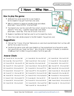 Money Game: "I Have / Who Has" (Mixed Coins & Bills) Money Canadian Worksheet