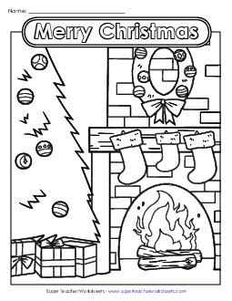 Christmas Fireplace Scene Free Worksheet