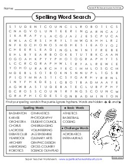 Word Search (Extracurriculars) Spelling F Worksheet