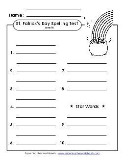 Spelling Test (A-St. Patrick\'s Day)  Spelling A Worksheet