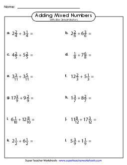 Adding Mixed Numbers with Like Denominators (Horizontal) Fractions Worksheet