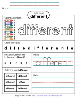 Worksheet 4: Different Free Sight Words Individual Worksheet