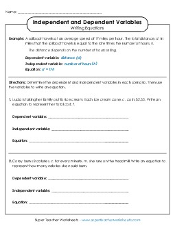 Dependent & Independent Variables: Writing Equations Independent Dependent Variables Worksheet