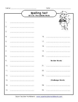 Spelling Test (E-22) Spelling E Worksheet