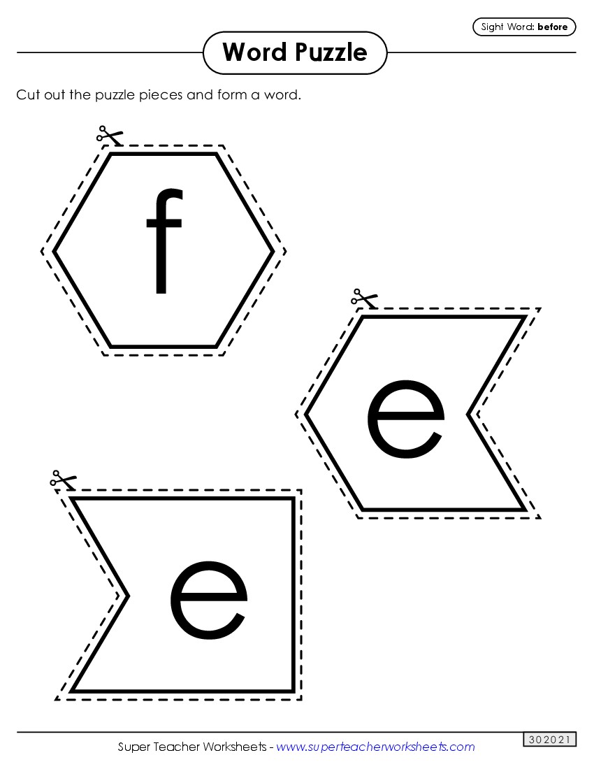 Word Puzzle: Before Sight Words Individual Worksheet