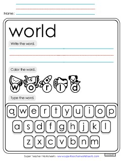 Write, Color, Type: World Sight Words Individual Worksheet