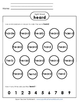 Dab or Color: Heard Sight Words Individual Worksheet