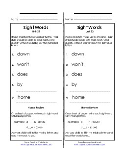 Take-Home List (Unit 23)  Sight Words Worksheet