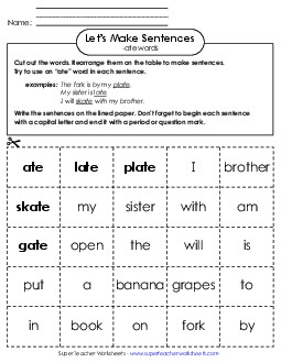 Make Sentences: Word Cards (-ate) Word Families Worksheet