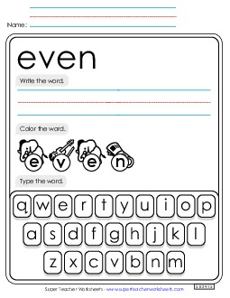 Write, Color, Type: Even Sight Words Individual Worksheet