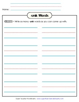 Brainstorm and Write (-unk) Word Families Worksheet