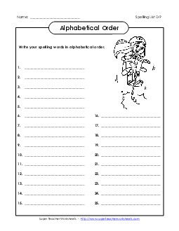 ABC Order: Write List (D-9) Spelling D Worksheet