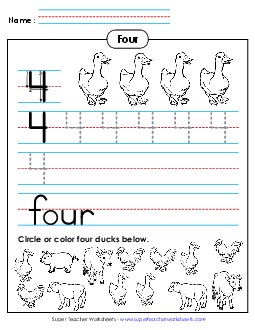 Four: Trace, Print, Count Counting Worksheet