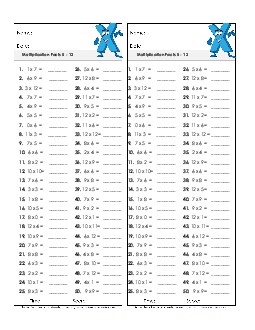 Multiplication Timed Quiz #2 Factors 0 through 12 Worksheet