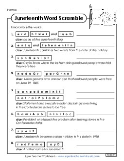 Juneteenth Word Scramble Worksheet