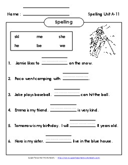 Complete the Sentences (A-11) Spelling A Worksheet