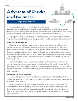 A System of Checks and Balances: Legislative Branch 5th Grade Reading Comprehension Worksheet