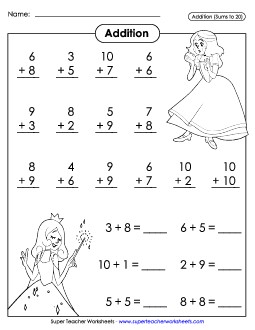 Basic Addition Facts: Fairy Tales Worksheet