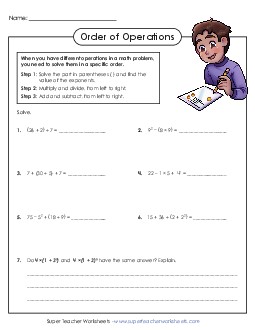 Order of Operations w/ Short Answer Worksheet