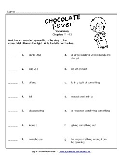 Vocabulary for Chapters 11-12 Book Chocolate Fever Worksheet