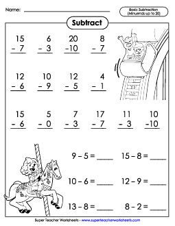 Basic Subtraction (Minuends to 20) 2nd Grade Math Worksheet