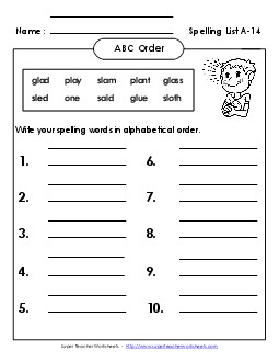 ABC Order: Write List (A-14) Spelling A Worksheet