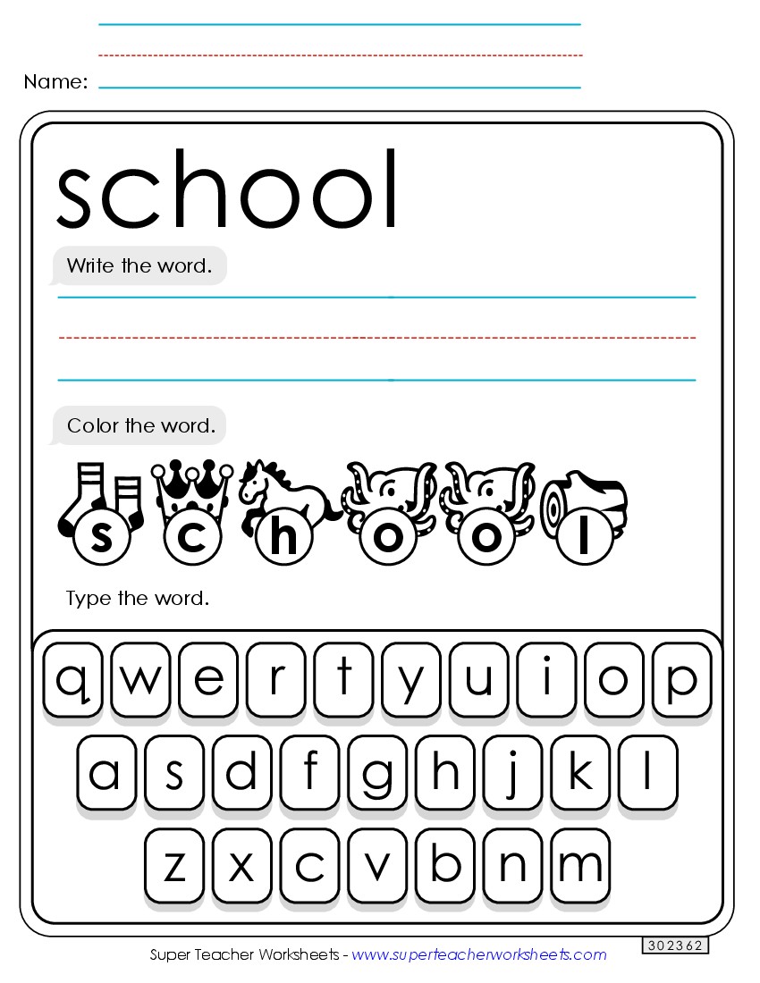 Write, Color, Type: School Sight Words Individual Worksheet