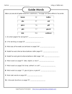 Guide Words (Dictionary Skills) Free 4th Grade ELA Worksheet