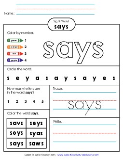 Worksheet 4: Says Sight Words Individual Worksheet