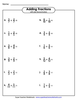 Adding Fractions w/ Like Denominators (Horizontal) Worksheet