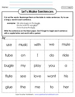 Let\'s Make Sentences: Long U Words Phonics Long Short U Worksheet