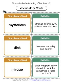 Vocabulary Cards for Chapters 1-2 Book Mummies In The Morning Worksheet