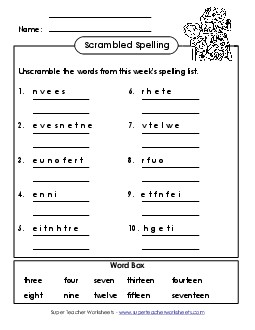 Unscramble (B-Number Words) Spelling B Worksheet