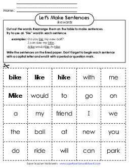 Make Sentences: Word Cards (-ike) Word Families Worksheet