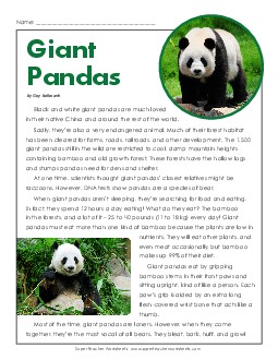 Giant Pandas 5th Grade Reading Comprehension Worksheet